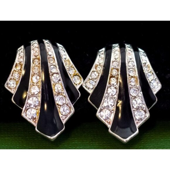 Vintage Abstract Stylish Black Wavy Rhinestones Clip On Earrings by Avon, K31 - Picture 2 of 3